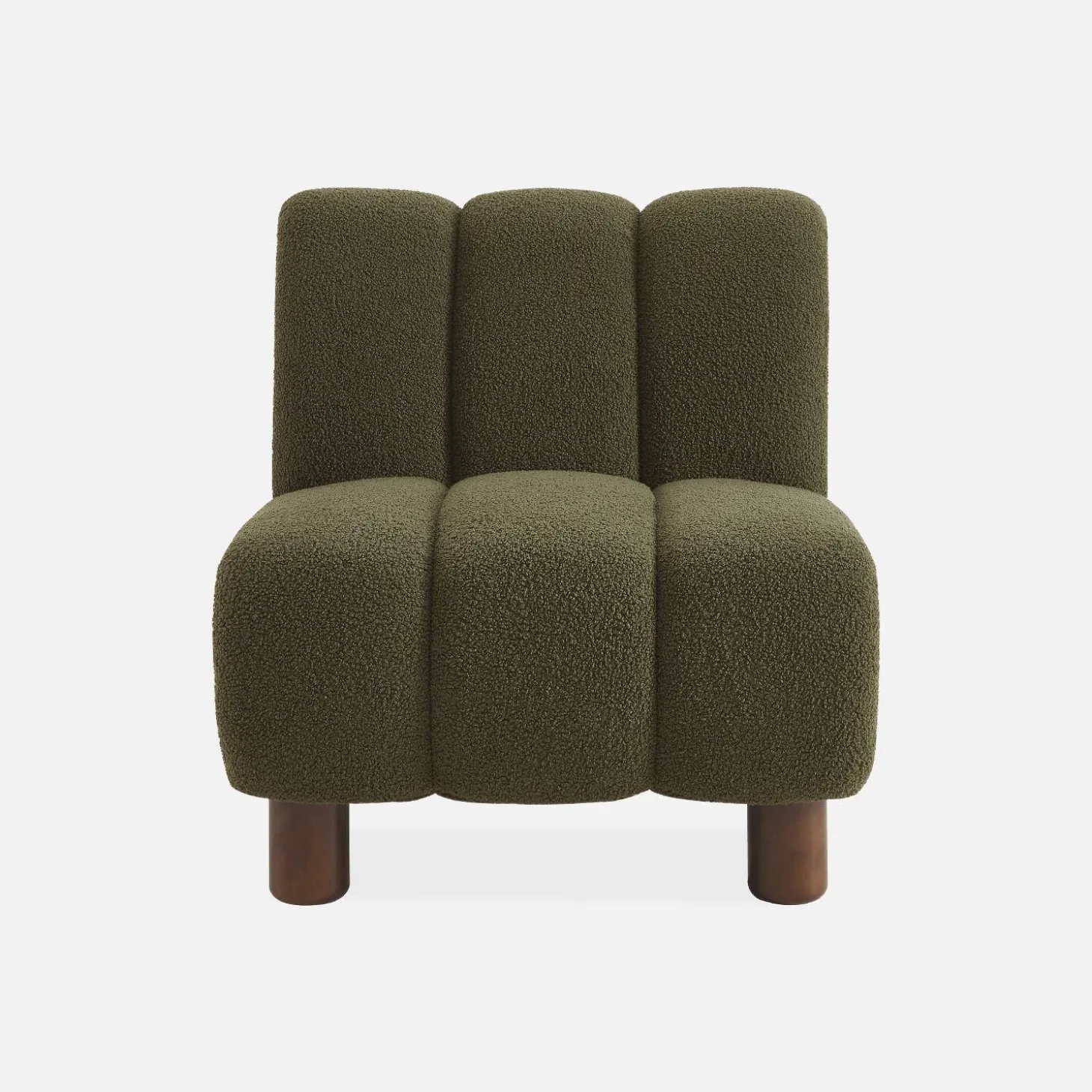 Wooden armchair with rounded legs in boucle fabric