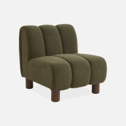 Wooden armchair with rounded legs in boucle fabric