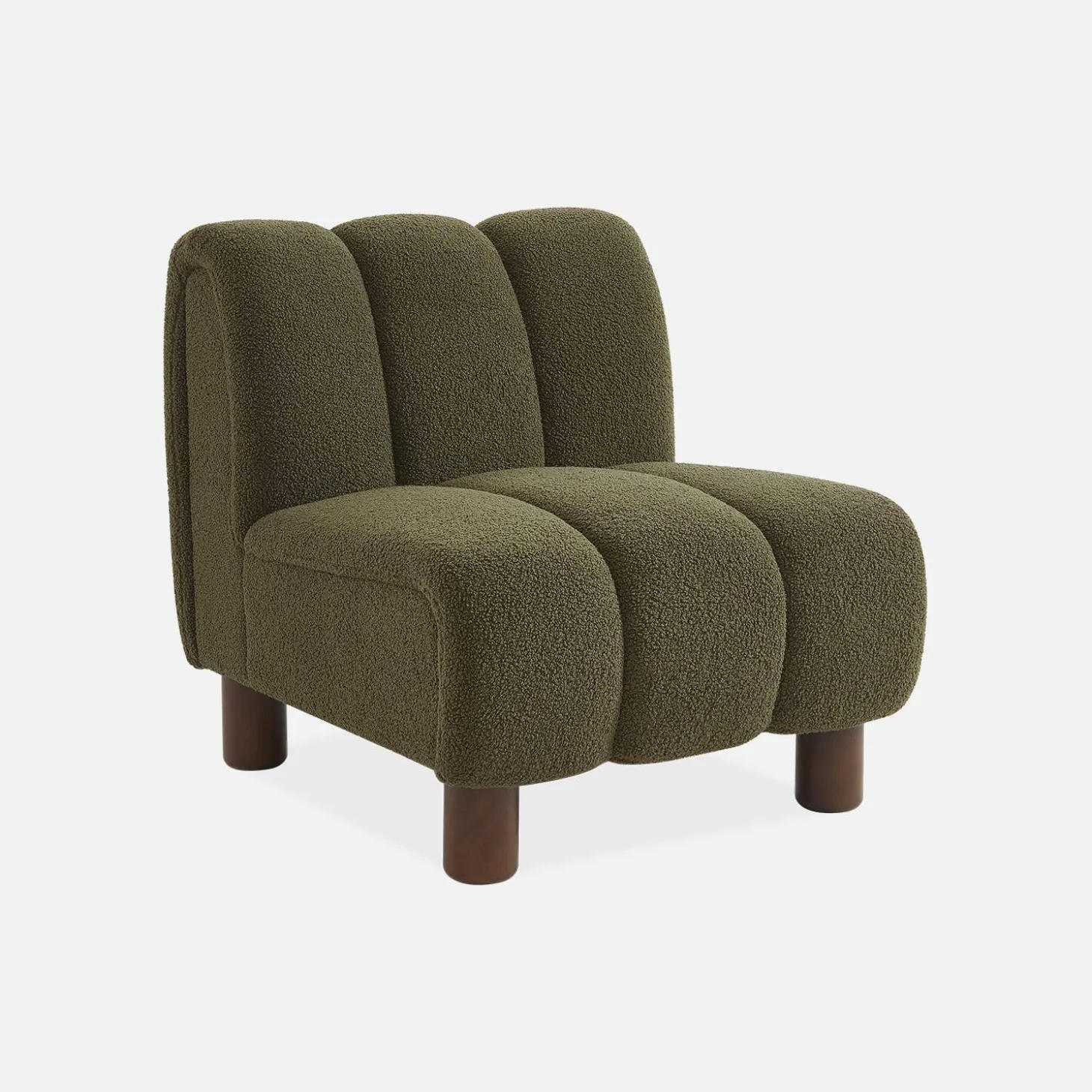 Wooden armchair with rounded legs in boucle fabric
