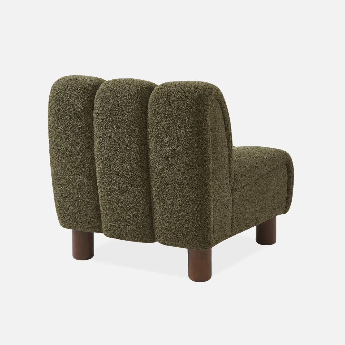 Wooden armchair with rounded legs in boucle fabric