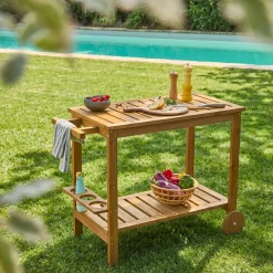 Wooden barbecue sideboard with wheels and a handle