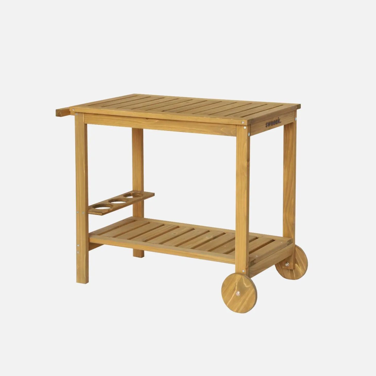 Wooden barbecue sideboard with wheels and a handle