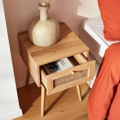 Woven rattan bedside table with drawer
