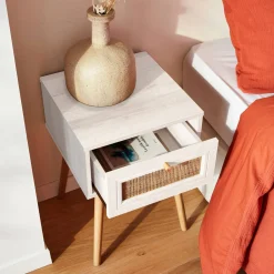 Woven rattan bedside table with drawer
