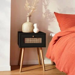 Woven rattan bedside table with drawer