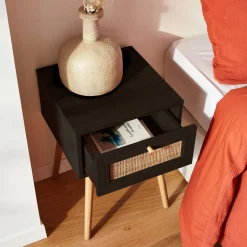 Woven rattan bedside table with drawer