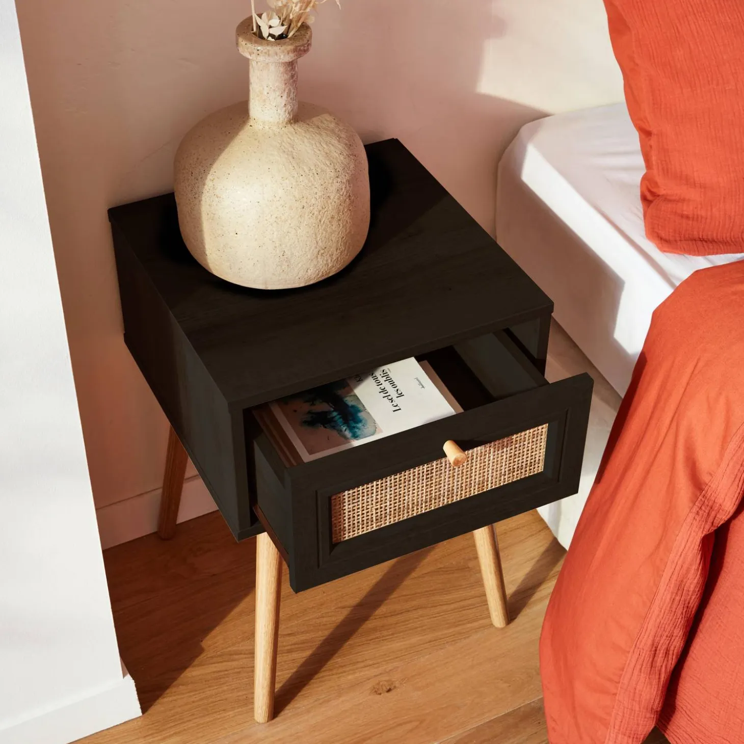 Woven rattan bedside table with drawer