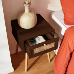 Woven rattan bedside table with drawer