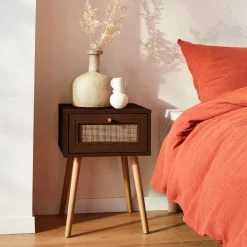 Woven rattan bedside table with drawer