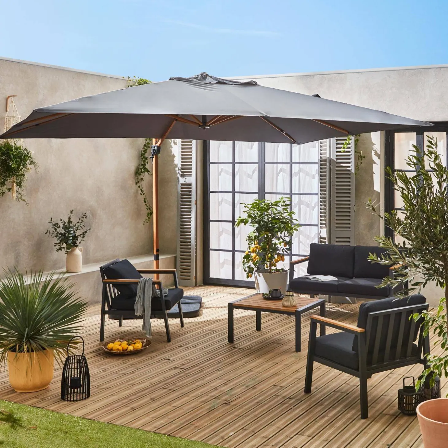3x3m Square Offset Parasol with Wood-Effect Frame + 50x50cm Weighted Slabs