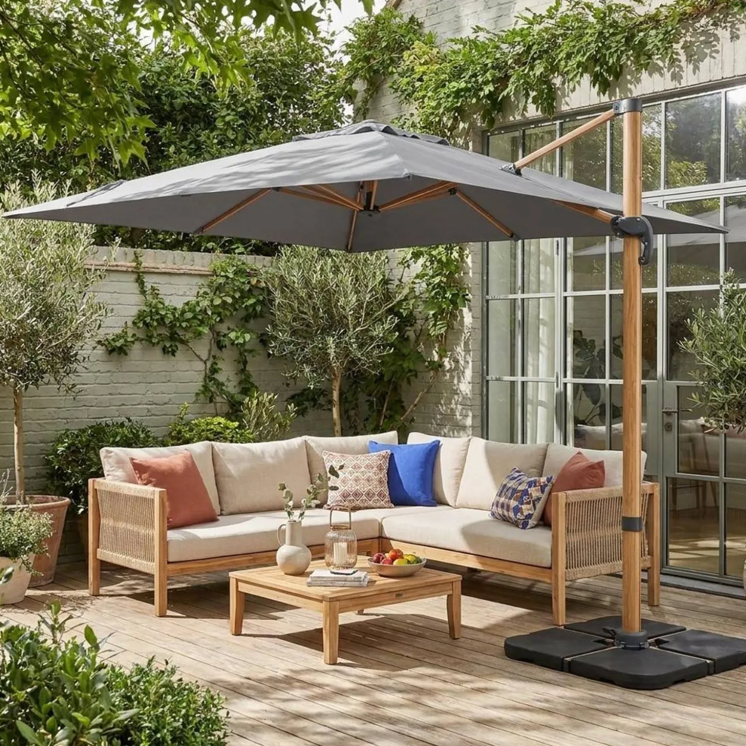 3x3m Square Offset Parasol with Wood-Effect Frame + 50x50cm Weighted Slabs