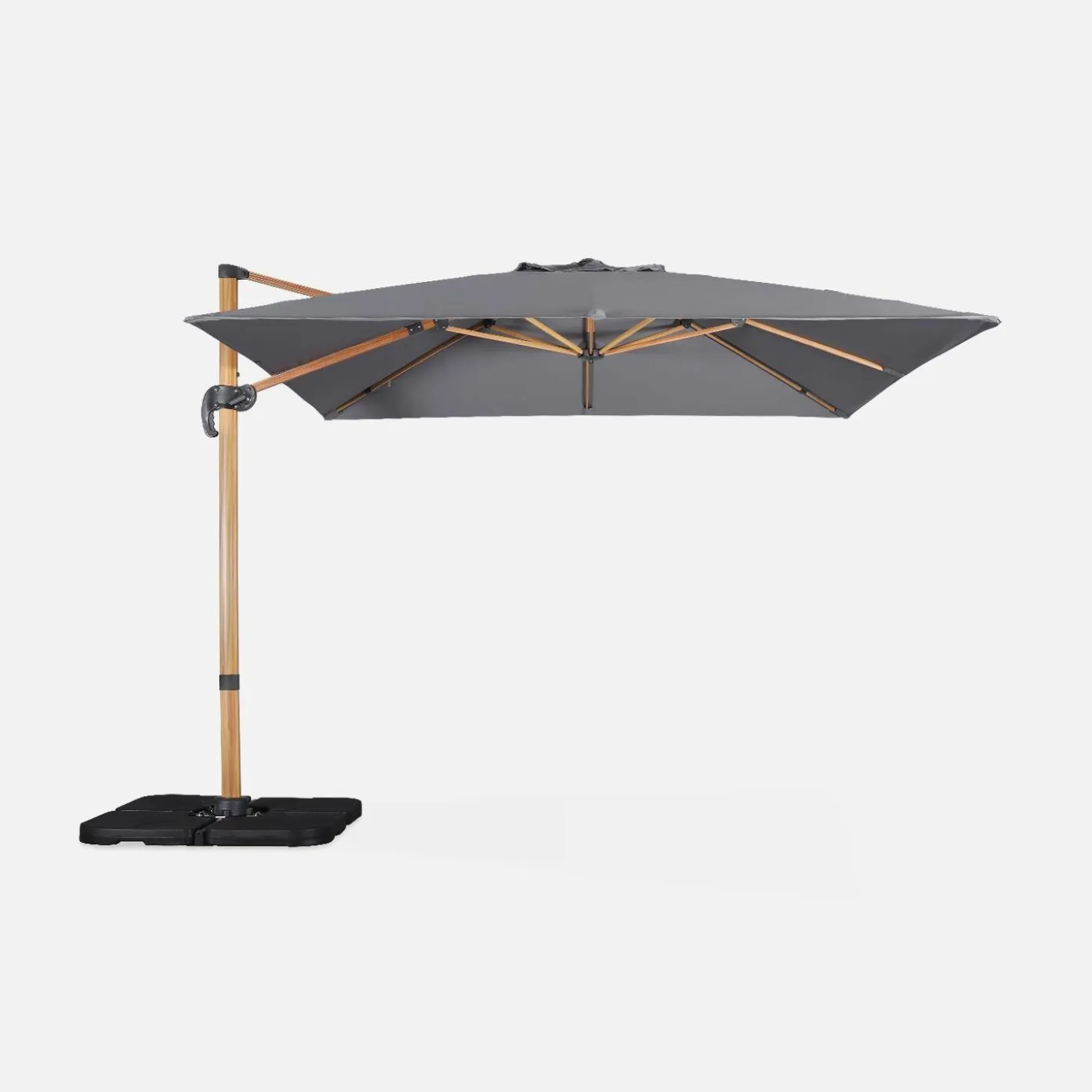 3x3m Square Offset Parasol with Wood-Effect Frame + 50x50cm Weighted Slabs