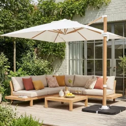 3x3m Square Offset Parasol with Wood-Effect Frame + 50x50cm Weighted Slabs