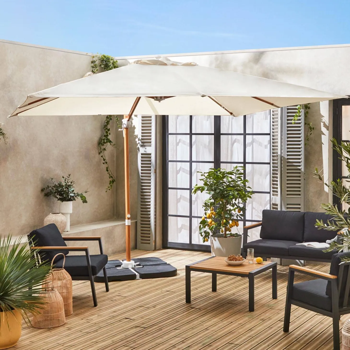 3x3m Square Offset Parasol with Wood-Effect Frame + 50x50cm Weighted Slabs