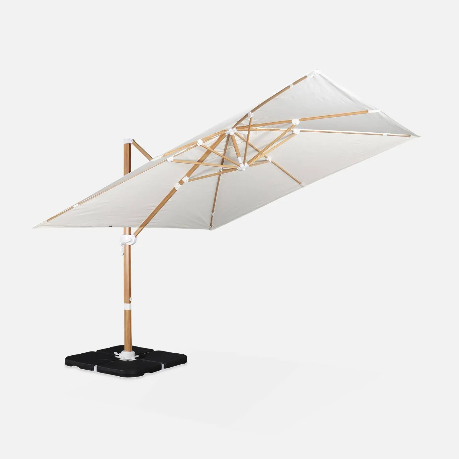 3x3m Square Offset Parasol with Wood-Effect Frame + 50x50cm Weighted Slabs