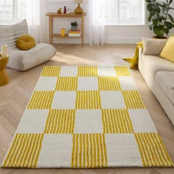 Yellow and white checkerboard interior carpet